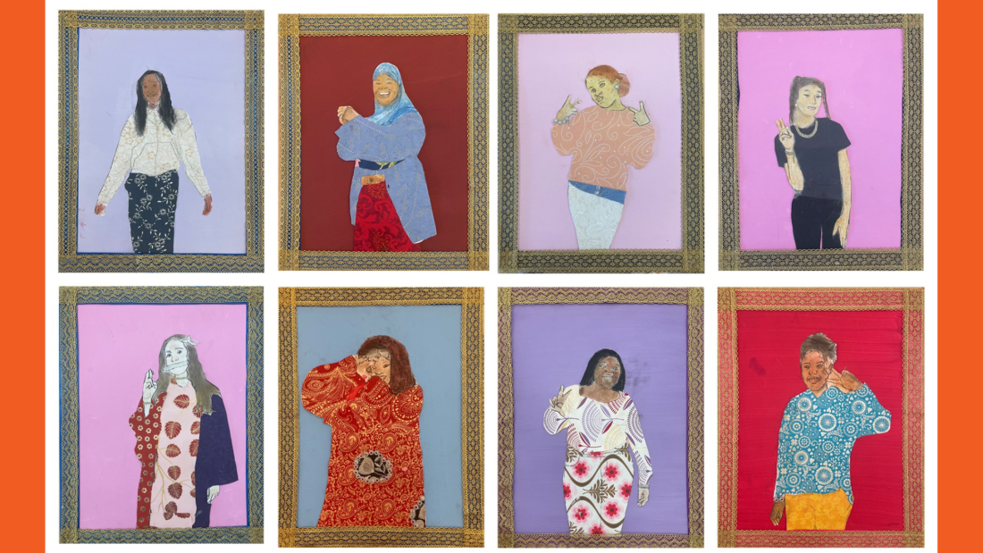 Self-portraits by Mother Caroline Academy students, inspired by Bahamian textile artist Gio Swaby