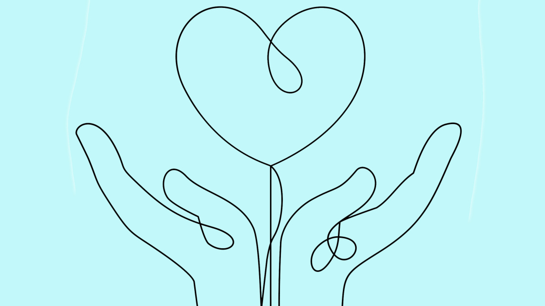 Line drawing of heart in hands