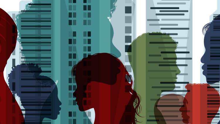 Illustration of many people's silhouettes in a city, in different sizes and colors.