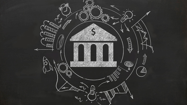 Chalk drawing of an institution with a money symbol