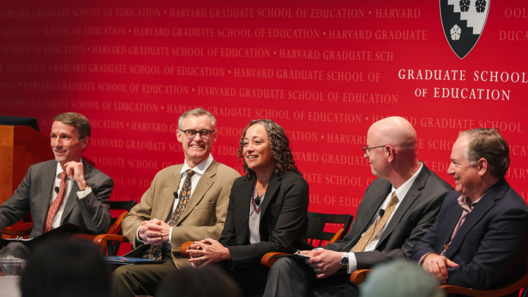 L-r: Martin West, Brian Gill, Catherine Lhamon, Neal McCluskey, and Andrew Rotherham sit in front of an audience in Askwith Hall