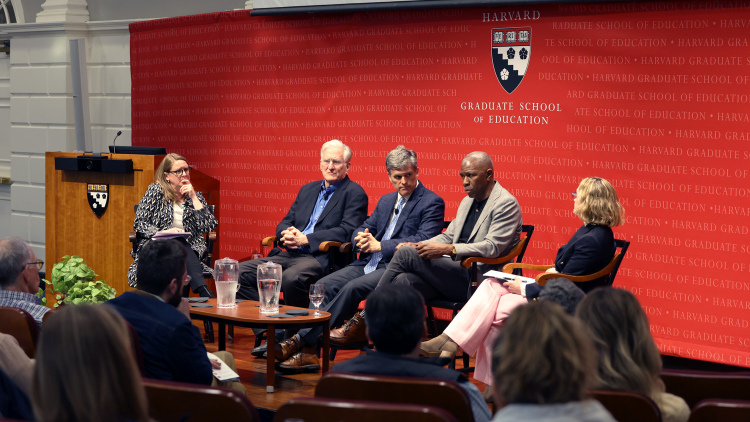 From left to right: Stephanie Jones, Richard Weissbourd, Tim Shriver, Shawn Ginwright, Sam Johnston on stage at the Askwith Education Forum