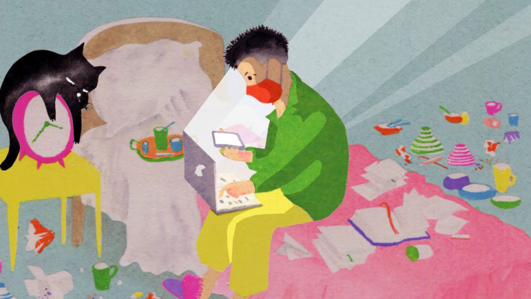 Illustration of kid on bed in a mask by Brian Cronin