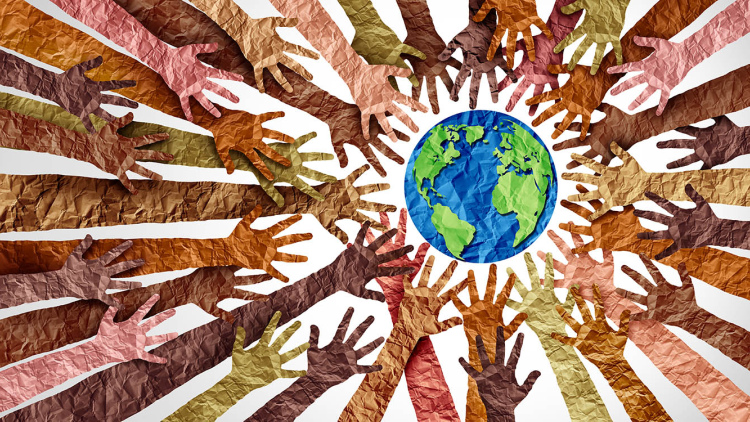 Illustration of hands reaching toward the Earth