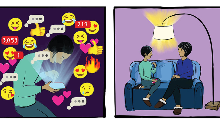 Split screen drawing of a teen bent over her phone in the dark; and of a teen talking to her mother